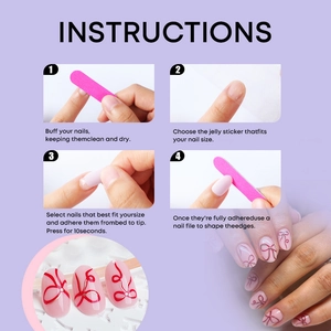 Step-by-step guide for applying pink press-on nails with red bow designs and jelly glue