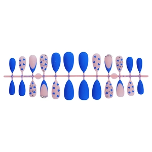 Blue and pink almond press on nails with heart designs and rhinestones 24pcs set