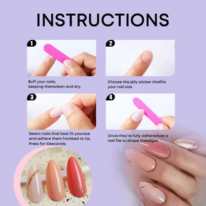 Tutorial showing four steps to apply pink almond press-on nails with glitter and tools