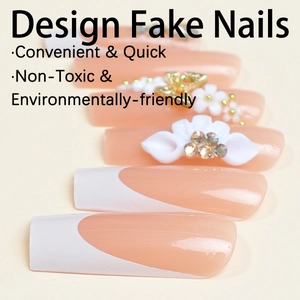 Long coffin fake nails with 3D camellia flowers, golden butterflies and rhinestones