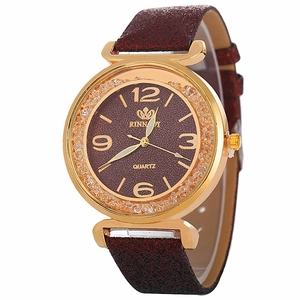 Orologio quarzo donna con quadrante bordeaux glitter, cassa oro e brillantini