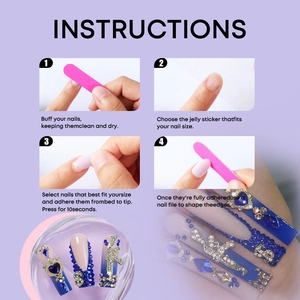 Step-by-step instructions for applying blue rhinestone press-on nails with tool kit