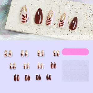 24pcs set of dark red and leaf pattern press-on nails with nail file and adhesive stickers