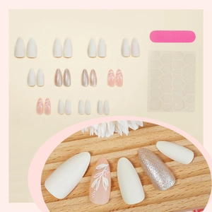 24pcs fall press-on nails featuring white matte, silver glitter, and leaf art designs