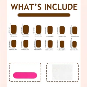 Size chart for French almond press-on nails with 12 sizes, nail file, and adhesive tabs
