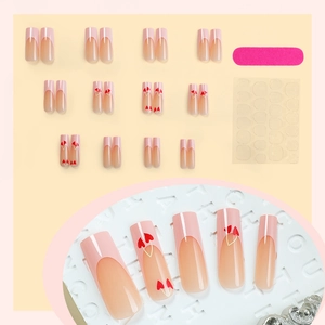 Pink long ballet press-on nails with red heart and cherry art, file and glue included