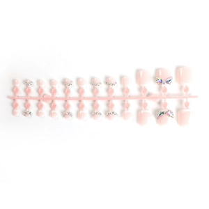 24-piece set of French pink and white press-on toenails with sparkling rhinestones and butterfly deco