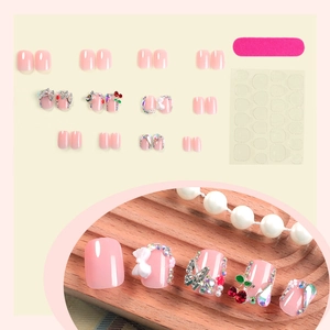 Short square press-on nail kit with 3D cherry, bowknot designs and pearl accents