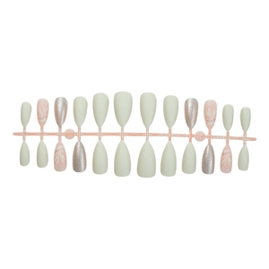 Press-on nail set with 24 pieces featuring matte green, pink leaf art, and silver glitter
