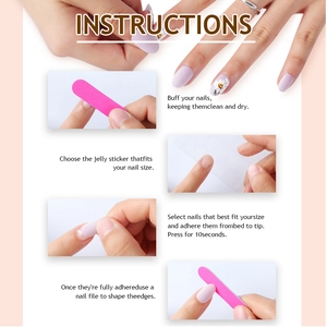 Detail guide showing DIY press-on nail application with purple matte nails and glue