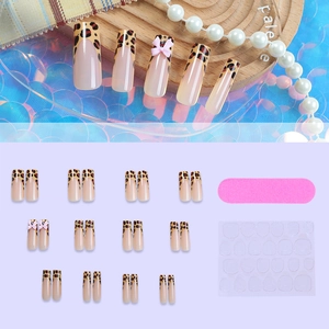 French leopard print press on nails set with 3D pink bows and full application kit