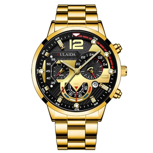 Men's business gold stainless steel watch with black dial and three sub-dials
