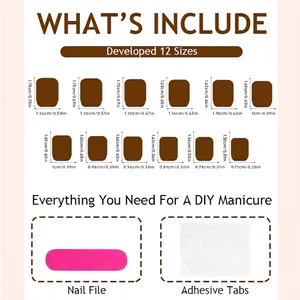 Short square press-on nails set with size chart, nail file and adhesive tabs included