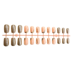 24pcs almond press-on nails in nude and gold glitter with geometric line designs