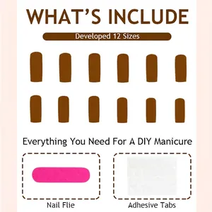 Size guide for long ballet press-on nails with 12 sizes and included adhesive accessories