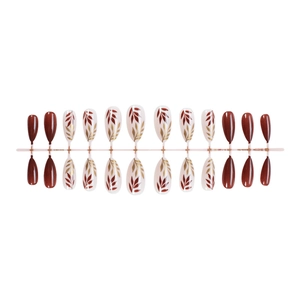 Almond shaped press-on nails set with dark red-brown polish and gold leaf patterns