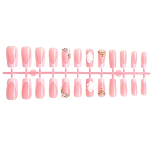 Französisches Pink-Gradient Press-on-Nägel-Set mit 3D-Blumen und Strasssteinen