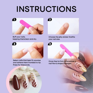 Four-step tutorial showing application of brown and gold leaf press-on nails