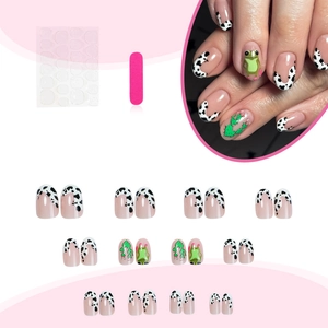 24pcs round short press on nails with green frog, cactus and cow print designs