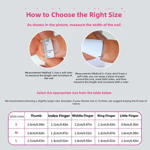 Guide des tailles pour faux ongles avec méthodes de mesure et dimensions S/M/L en mm