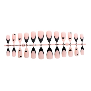 Almond French press-on nails set with pink and black matte hearts and 24 pieces