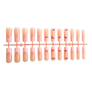 Pink long ballet press-on nails with French tips and red heart patterns 24-piece set