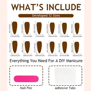 Size chart for long almond press-on nails with 12 sizes and application accessories