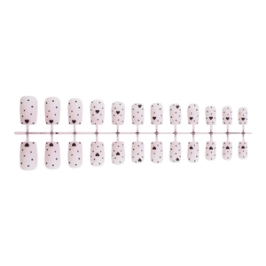 Short pink press-on nails with black polka dots and hearts, set of 24 pieces on white background
