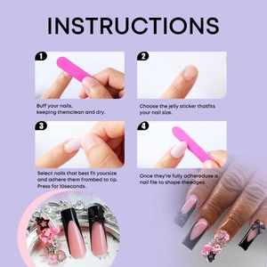 Press-on nail kit tutorial with black and pink decorative tips, accessories, and instructions