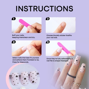 Detailed step-by-step application guide for matte pink handmade press-on nails with heart design