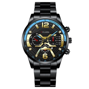 Close-up of black stainless steel chronograph watch with tachymeter and date display