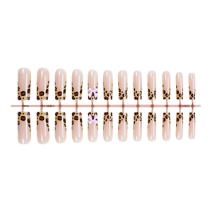 French leopard print press on nails with pink bow charms and long square shape set