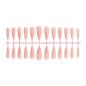French long almond press-on nails set in matte pink with white heart and silver wave lines