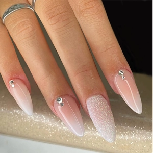 Long Almond Press On Nails Pink White Ombre French Style Rhinestone Glitter Wearable Fake Nails For Women