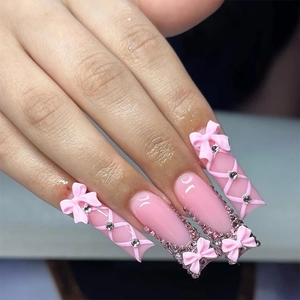 Long Coffin Press On Nails Pink With 3D Bows And Rhinestones French Style Cross Ribbon Elegant Glossy Fake Nails