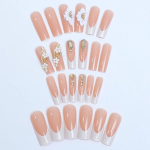 French long square press-on nails with 3D white petals, gold butterflies and rhinestones