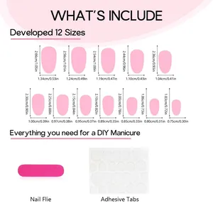 Size chart for 24pcs frog press on nails with 12 sizes and included adhesive accessories