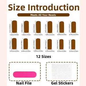Guide des tailles détaillé pour 12 faux ongles incluant une lime et des autocollants de colle
