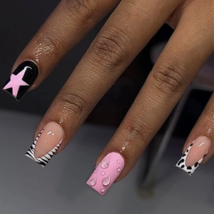 Short Square Press On Nails Pink Star Cow Zebra Pattern French Tip 3D Texture False Nails With Adhesive Tabs Nail File