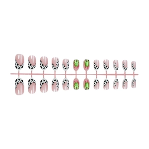 Pink press on nails set with cute green frog and black cow print patterns on 24 pieces