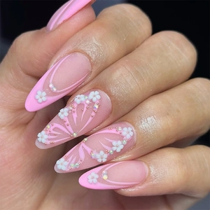 Handmade Pink Almond Press On Nails With Butterfly And Floral Design Matte French Style False Nails With Rhinestone For Women Manicure Art