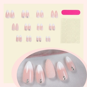 French gradient almond press-on nails with rhinestones, glitter, and tools set