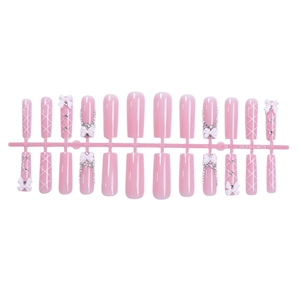 Pink press-on nails set with diamond bows and checkered patterns in 24-piece long square style