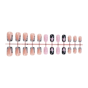 Short square press-on nails with pink star, cow print, and zebra patterns set