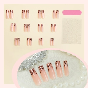 Set unghie finte lunghe french leopardate con strumenti e 24 pezzi in toni caldi