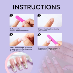 Detailed guide showing application steps for pink bow gradient press-on nail set