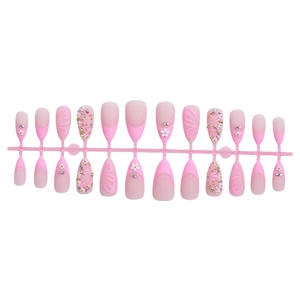 Pink almond press-on nails set with 3D white flowers and butterfly patterns
