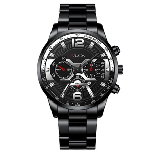 Detail of men's black stainless steel chronograph watch with tachymeter and sub-dials