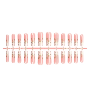 Pink French long coffin press-on nails with golden bow designs and 24-piece set