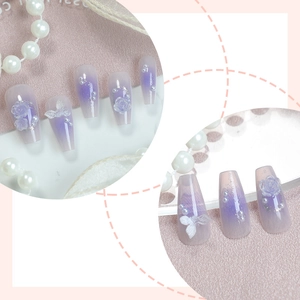 Lavender gradient press-on nails with 3D camellia flower and pearl accents